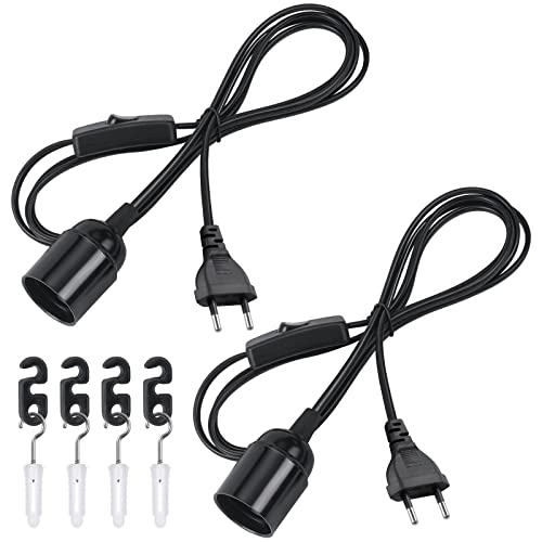 DiCUNO Portalámparas E27 de 2M, Con cable, interruptor y enchufe, Bases para lámparas E27 en Negro, para Lámpara de pie, Colgante y cabecera, 0-60W, 0-250V, 4A, 2 Piezas