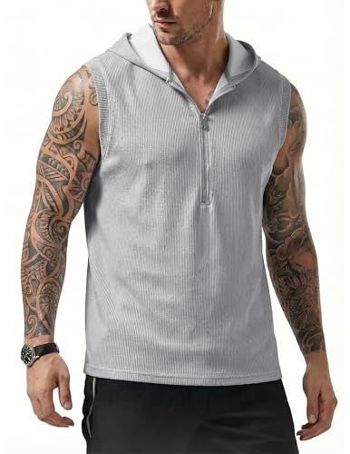 JMIERR Men's Muscle Ribbed Knit Hooded Tank Top Sleeveless Sweatshirt with Quarter Zip Tee Shirts Stretch Athletic Vest for Running and Daily Wear, M, Light Grey