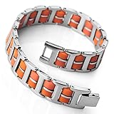INBLUE Men's Stainless Steel Rubber Bracelet Link Wrist Silver Tone Orange Blue Black Rectangular