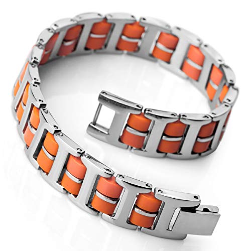 INBLUE Men's Stainless Steel Rubber Bracelet Link Wrist Silver Tone Orange Blue Black Rectangular