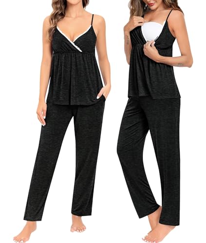 Image of SWOMOG Maternity Nursing Robe Set 3 Piece Breastfeeding Pajamas 3 in 1 Labor Delivery Sleevless Tops&Long Pants Pregnancy Pjs
