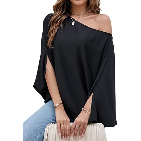 VIMPUNEC Womens Off The Shoulder Flowy Tops Casual Batwing Sleeves Blouses Loose Chiffon Shirts Black Cover