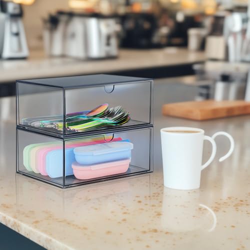 TIE-DailyNec 2 Stück Stapelbarer Kosmetik Organizer, Transparenter Acryl Make Up Organizer, Schreibtisch Schubladen Aufbewahrungsbox, Acryl Vitrine für Kosmetik, Badezimmer, Hautpflege, Schmuck