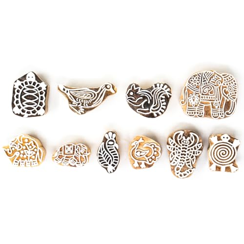 Image of Wooden Stamp Block, Printing Stamp Design Set | Block for Printing Saree Border | Dresses, Craft Card Making, Scrapbook, Clay Pottery | Set of 10