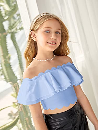 Milumia Girl's Dressy Off Shoulder Scallop Trim Tiered Layer Crop Top T Shirt Baby Blue 9 Years #TOP1