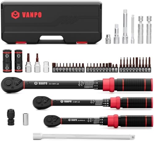 VANPO Torque Wrench Set, 1/4", 3/8", 1/2" Drive (20–240 in-lb, 5–45 & 10–170 ft-lb), 47PCS Click Torque Wrenches Kit with Sockets, Hex, Torx, Spark Plug for Car, Motorcycle, Bike Repair