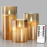 GTTFAE Glass Gold Real Wax LED Candles Flickering with Remote & Timer - Fake Candles Flickering Light, Battery Candles Set of 3, Festival, Room Decor, Home Decor