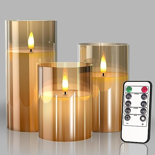 GTTFAE Candele a LED in vera cera color oro, tremolanti con telecomando e timer, candele finte tremolanti, candele a batteria, set di 3 candele per festival, matrimoni, decorazioni per feste in casa