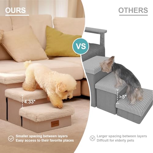 COZY KISS Dog Stair for Small Dogs with Storage, 17.7\" H Foldable Pet Step with Soft Leakproof Cover, Older Cat Ramp for Couch Sofa Bed, Lightweight, Comfort, 33x13x17.7 inch, 4 Tiers, Beige