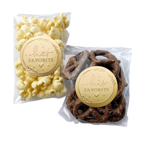 120 x His and Her Favorite Stickers Embossed Gold Foil Wedding Favor Labels for Candy or Treat Bags Elegant Party Thank You Labels 1.6 Inch (Embossed Gold Stickers Only)