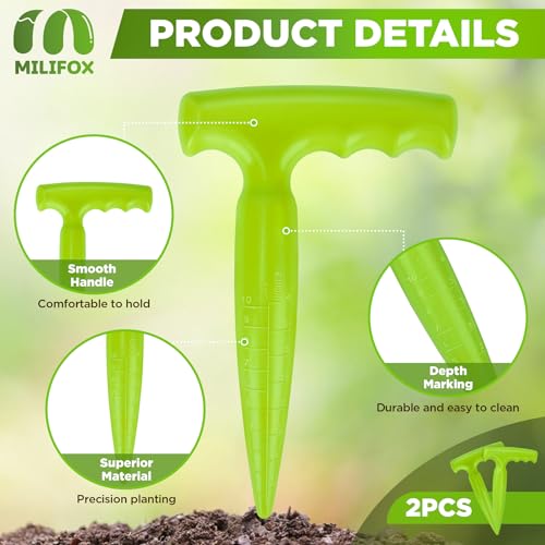 Milifox 2 Pcs Dibbler Gardening Tool with Measurements - 6.9 inch Plastic Bulb Planting Tools with Handle - Seed Dibber for Planting Bulbs,Digging,Gardening(Light Green)