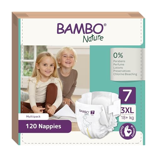 Bambo Nature Pannolini taglia 7 (18+kg), confezione da 120 pannolini usa e getta, ecologici con maggiore protezione dalle perdite, sicuro pannolino per bambini, delicato sulla pelle per il massimo