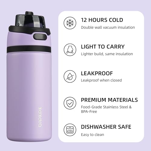 Image of BJPKPK 17oz Insulated Water Bottle with Straw Lid & Handle, Stainless Steel | Leak-Proof 2-in-1 Straw & Spout Lid, BPA-Free Vacuum Insulated Bottle Fits Cup Holders for Gym, Office, Travel & Outdoor