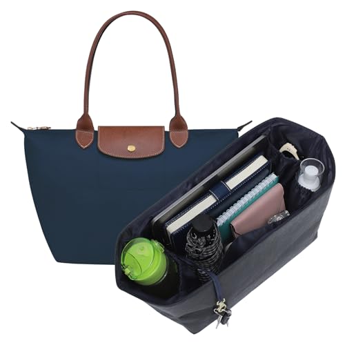 Image of Doxo Purse Organizer Insert for Longchamp Le Pliage Medium, 6-Compartment Bag Organizer with YKK Zipper Pocket, Cup Holder, Key Chain, Waterproof DupontPaper Lightweight Handbag Shaper (Black Blue,M)