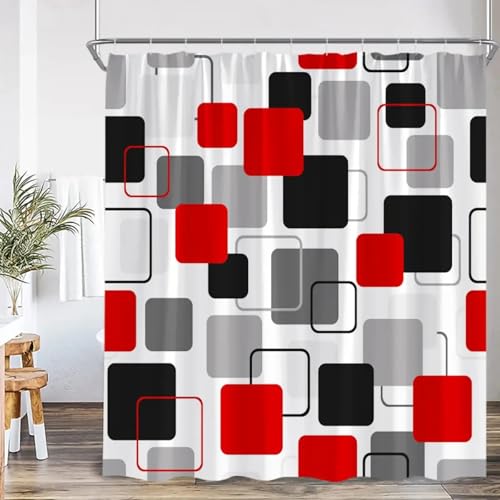 Rideau de douche géométrique abstrait noir gris rouge 168x183cm polyester - 2