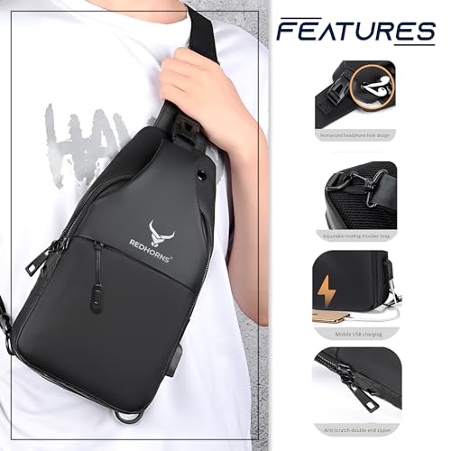 Image of REDHORNS Waterproof Crossbody Chest Bag for Men and Women Fashion Sling Bag With Adjustable Shoulder Strap, Multipurpose Cross Body Backpack with 4 Pockets, USB Charging Port and Earphone Hole