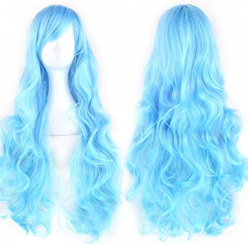 IMISSU 80cm Long Curly Natural Hair Cosplay Wig with Bangs Colorful Halloween Costume Party Wigs for Women (Sky Blue)