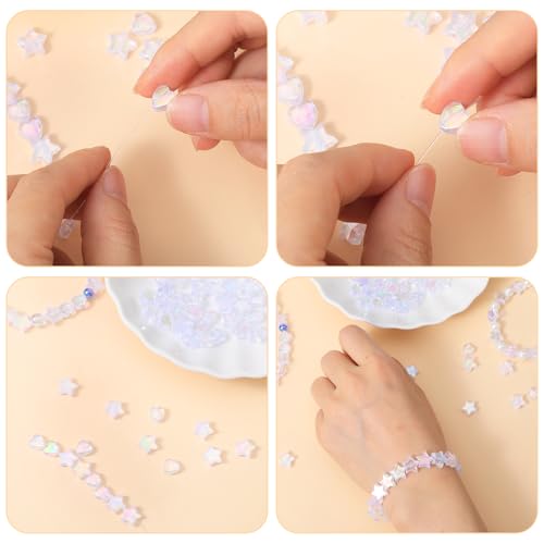 100 Stück Stern Perlen für Armbänder, Bunte Stern und Herz Perlen zum Auffädeln Bunte Acryl Perlens mit 1 Rolle Kristallkabel für DIY Schmuckherstellung Schlüsselanhänger, Armbänder, Halsketten