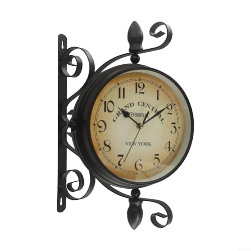 Reloj de pared de doble cara con estación de tren de estilo industrial vintage con soporte de rotación de 360 grados para sala de estar, pasillo, 8 pulgadas de diámetro, color marrón