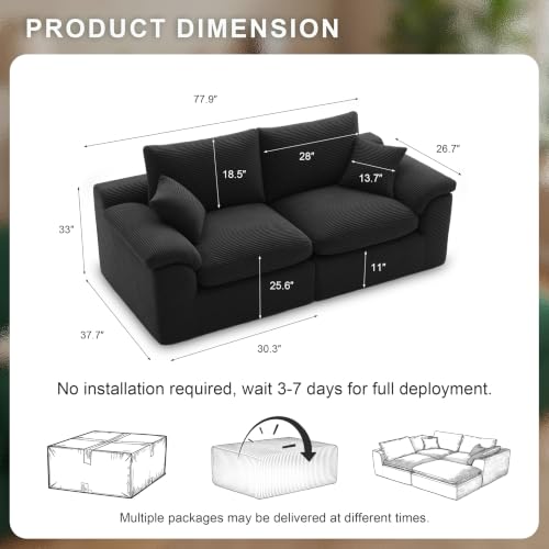 Image of 78 inch Loveseat Sofa, Small Boneless Couch for Living Room, Black