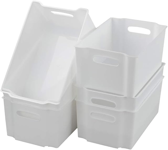 Sandmovie Set of 6 Plastic Storage Basket, White Open Plastic Stackable Storage Box