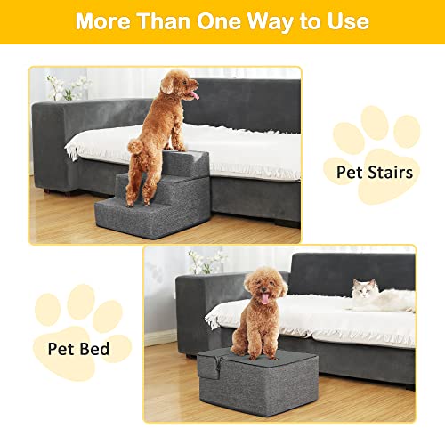 Sted Pet Stairs Dog Stairs 3 Steps, High Density Foam Dog Steps For High Bed, Non-Slip Foldable Pet Stairs With Cardboard, Removable Washable Cover, Ideal For Older Injured Small Dogs Cats, Grey #TOP3