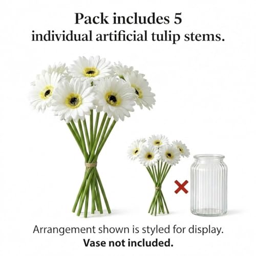Image of Artificial Gerbera Flower Sticks (Pack of 5) for Home Decor | Realistic Faux Flowers for Vases | Wedding, Office, Living Room & Party Decoration | Long-Lasting, Washable & Reusable