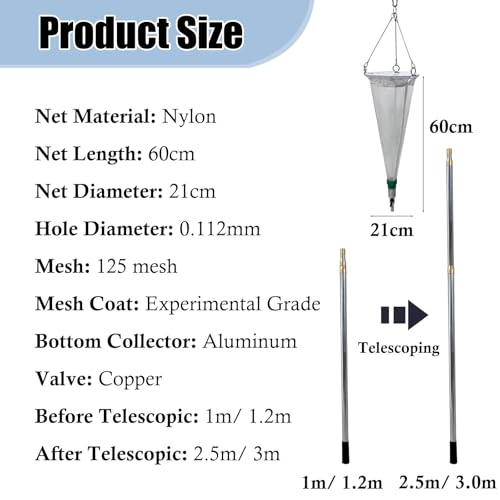 Rete per plancton resistente, 21 cm, in nylon, con asta telescopica e corda, ideale per laghetto e plancton