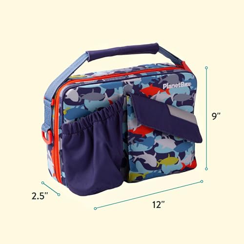 PlanetBox Insulated Lunch Bag – Camo Shark Edition Carry Bag with Pockets for Water Bottle and Snacks – Durable, Easy to Clean, and BPA Free