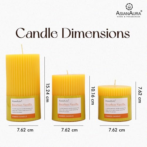 Image of ASIAN AURA Ribbed Pillar Candles - Pack of 3 | Scented Candles for Home Decor, Gifting & Festive Use | Long Burn time up to 36hrs | Clean-Burning Wax & Smokeless Flame (Bourbon Vanilla)