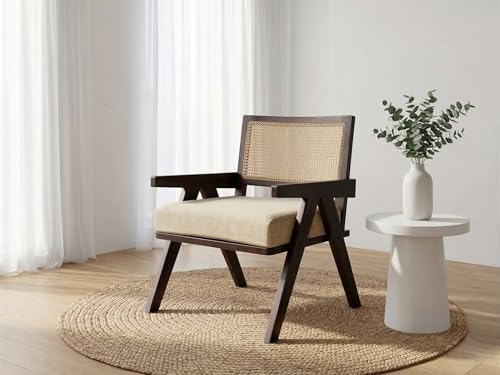 Image of WELL KNOWN Solid Sheesham Wood & Cane Chair Wooden Rattan Arm Chair | Dining Chair for Living Room, Bedroom, Indoor, Outdoor & Home | Walnut Finish