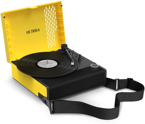 Image of Victrola Revolution GO - Portable Vinyl Record Player, Battery-Powered Bluetooth Turntable, 12 Hour Battery Life, 3 Speed Belt-Driven Record Player, RCA Output, 3.5mm Headphone Jack (Yellow)