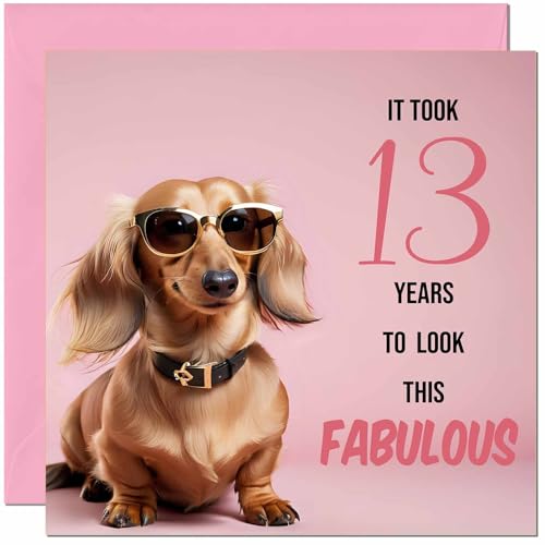 Purple Fox Funny 13th Birthday Card - Dachshund - For Daughter, Granddaughter, Sister, Niece, Cousin