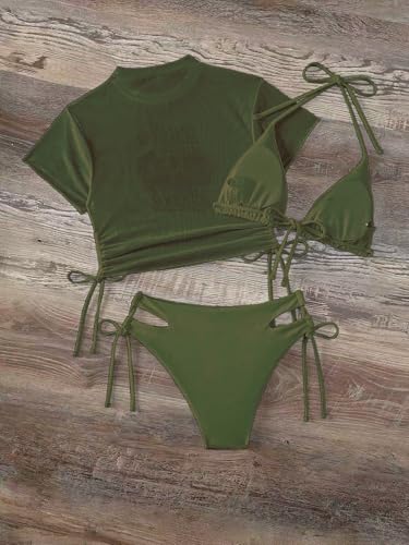 Image of Sexybody Women's 3 Piece Swimsuit Halter String Bikini Tie Side Mesh Short Sleeve Bathing Suits