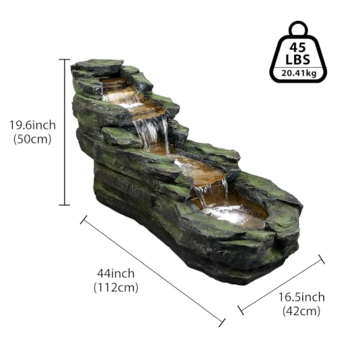 Image of SunJet Cascading Rock Outdoor Water Fountain with LED Lights - 44 inch Length Resin Stone Look Garden Waterfall Fountain, Freestanding Floor Fountain with UL Certified Pump for Patio Backyard Yard Decor