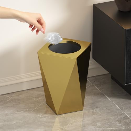 Image of 2.6GAL Gold Bathroom Trash Can,Brass Tarsh Can,Open Top,Decorative Trash Can,Waterproof,Double-Layer with Inner Lining for Bathroom,Bedroom,Office,Living Room,Hotel (Gold)