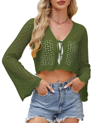 Image of Women's Crochet Tie Front Cardigan Cropped Knit Bolero Shrug Bell Sleeve