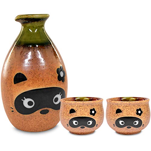 Mino Ware Traditional Japanese Sake Set, Tokkuri Bottle and 2 Ochoko Cups, Boy Bottle & Girl Cups Tanuki Japanese Racoon Dog Design