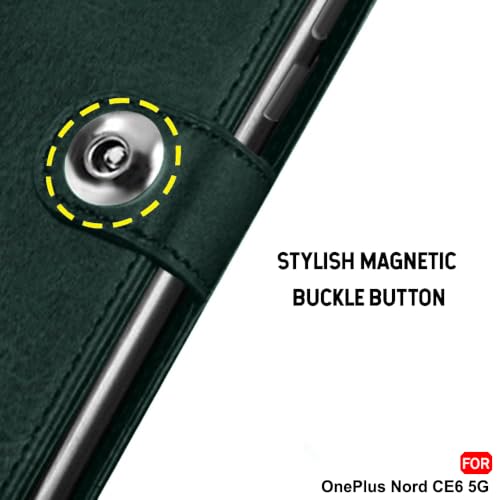 Image of TheGiftKart Genuine Leather Finish Flip Back Cover Case for OnePlus Nord CE 6 5G | Inbuilt Pockets & Stand | Wallet Style | Designer Button | Flip Back Cover for OnePlus Nord CE6 (Faux Leather, Green)