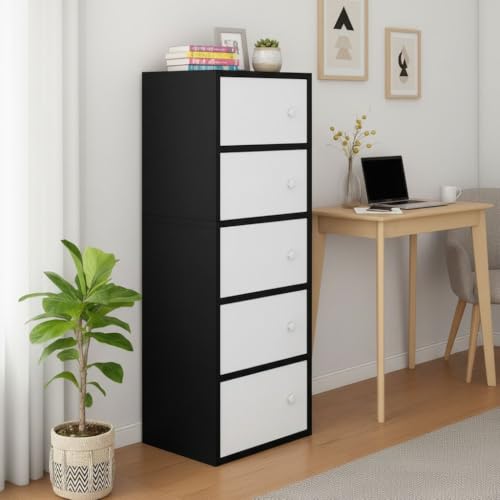 Image of 5-Door Morden Wooden Collapsible Wardrobe for Storage /Space Saving Wooden Wardrobe with Doors /Collpsible Storage Organiser /Living Room -Mapple (Black, 5 Layer)