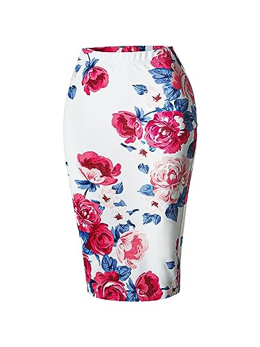 SSOULM Women's Work Office Stretchy Fitted Midi Pencil Skirt with FLORALIVORY Slit and Plus SizeFLORALIVORY XL