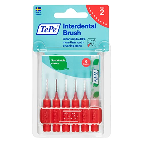 TePe Interdental Brush Original, Soft Dental Brush for Teeth Cleaning, Pack of 6, 0.5 mm, Extra-Small/Small Gaps, Red, Size 2