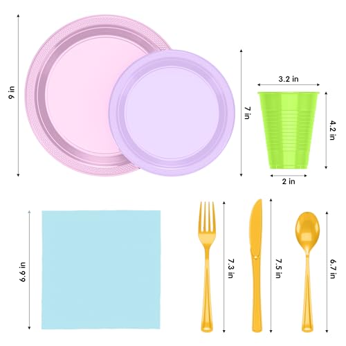 Image of Party Solids 350 Pieces Easter Plates For Party, Easter Disposable Plates Set, 50 Of Each 9 inch Dinner Plate Set, 7 inch Dessert Plate, Cups, Napkins & Cutlery Plastic Dinnerware Set