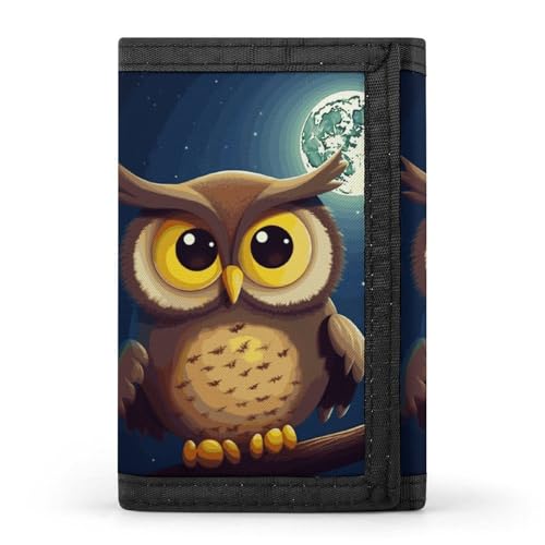 LPSBVNM Owl And Yellow Moon Trifold Wallet Slim Security Wallet for Men Women Card Holder Key Ring Photo Window Fashion Wallets