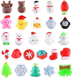 PLULON 26PCS Christmas Squishy Toys Animal Squeeze Toys Bulk for Kids Mini Christmas Trees Snowman Santa Claus Deer Penguin Bear Snowflakes for Xmas Party Bag Fillers Birthday