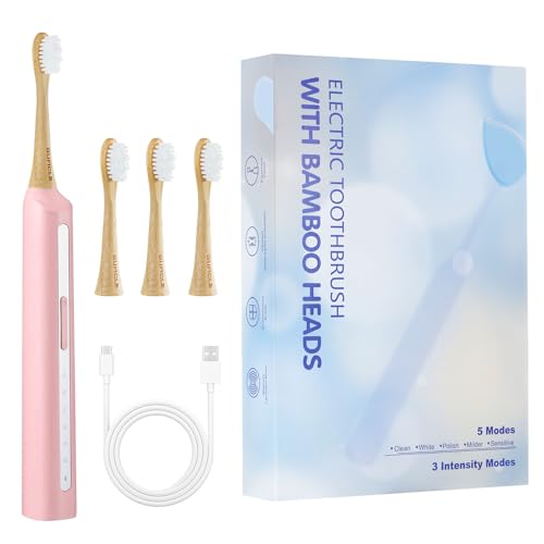 GUFICLE Bamboo Electric ToothbrushRechargeable Electric Toothbrush with 4 Bamboo Heads Soft Castor Oil Bristles 5 Moedes&3 Intensities 45 Days Battery Life IPX7 Waterproof-Pink