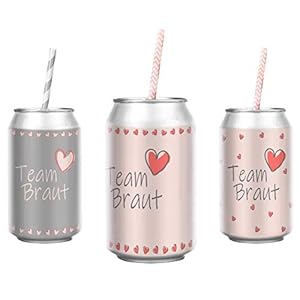 Okaytec Set JGA Aufkleber und Strohhalme – Team Braut Rosa Grau Aufkleber für Proseccodosen – 48 Papier Stroh & 50 Team…