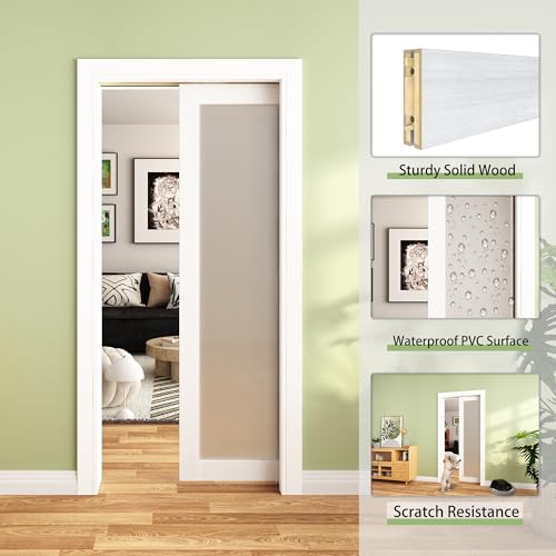 JUBEST Pocket Door 30"x80", 1-Panel Tempered Frosted Glass Sliding Pocket Door with Soft Close Hardware Kit, Sturdy Solid Wood & MDF with Water-Proof PVC Surface, White by JUBEST - Image 2