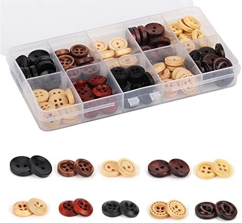 OELFFOW 100Pcs Wooden Buttons, Round 4 Holes Sewing Buttons, 10 Colors 11mm Mix Color Craft Buttons, for Crafts and Sewing Project, Men Women Children's Shirt Buttons with Storage Box