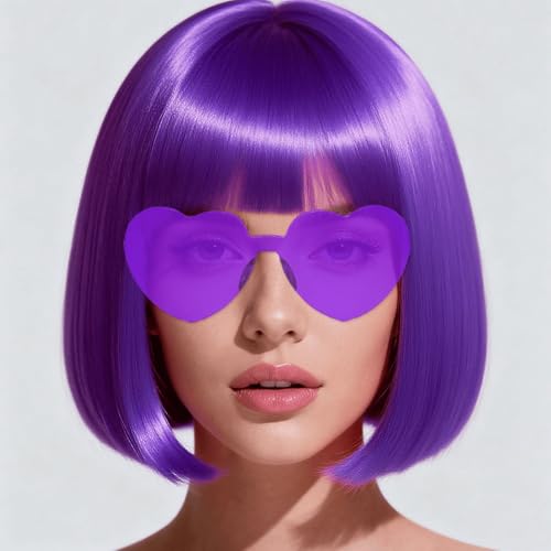 FSLLZCJY Short Bob Wigs with Heart Sunglasses and Hair Cap Set of 3 | Colorful Colored Neon Wig Funny Cosplay Hairpieces for Halloween Party Costume (Purple)